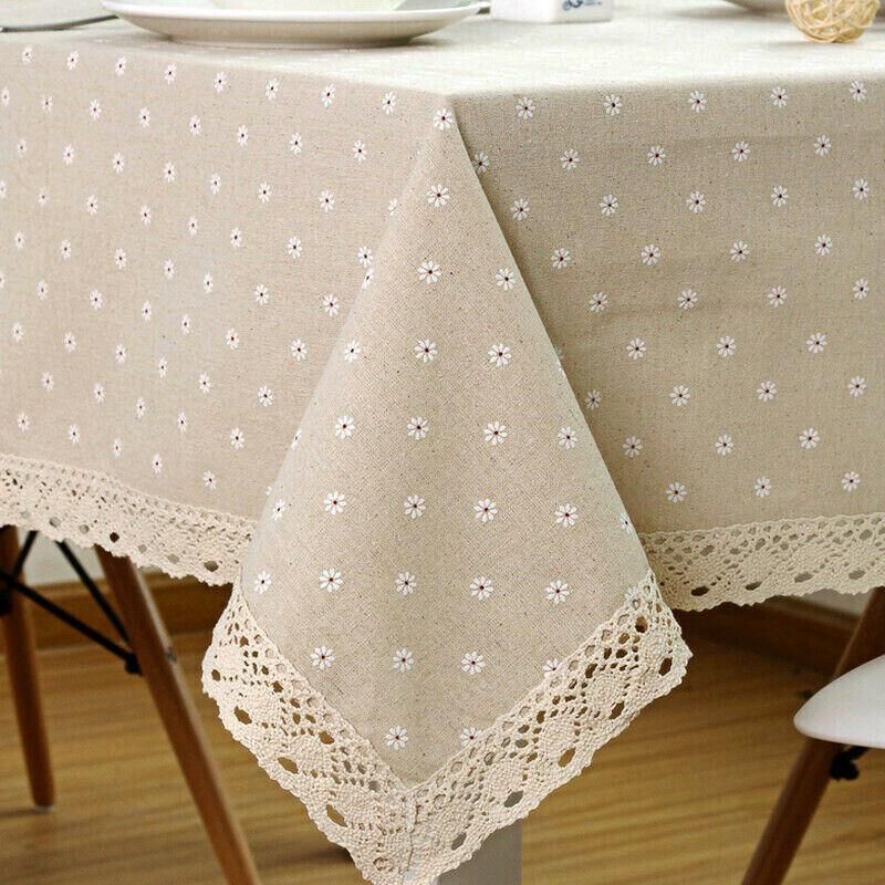 Floral Lace Edge Cotton Linen Tablecloth, 90 x 90 cm
