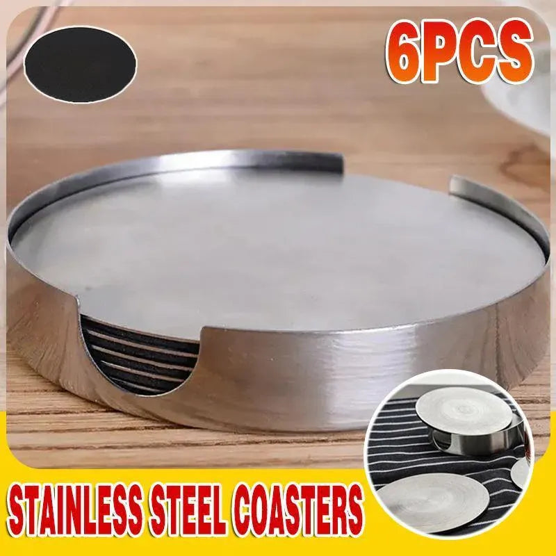 Stainless Steel Drink Coasters with Holder, Set of 6