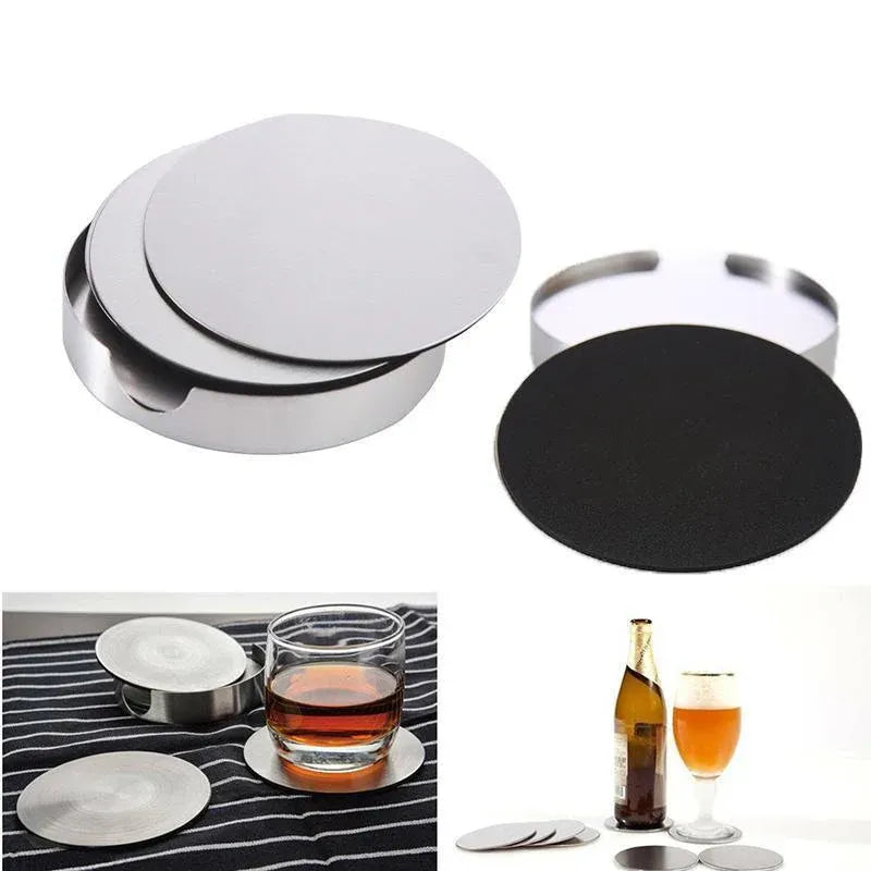 Stainless Steel Drink Coasters with Holder, Set of 6