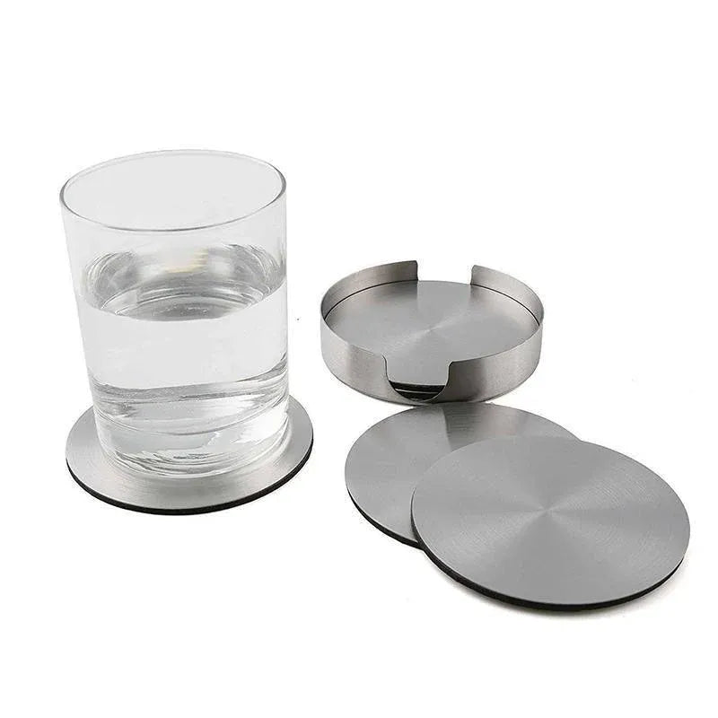 Stainless Steel Drink Coasters with Holder, Set of 6