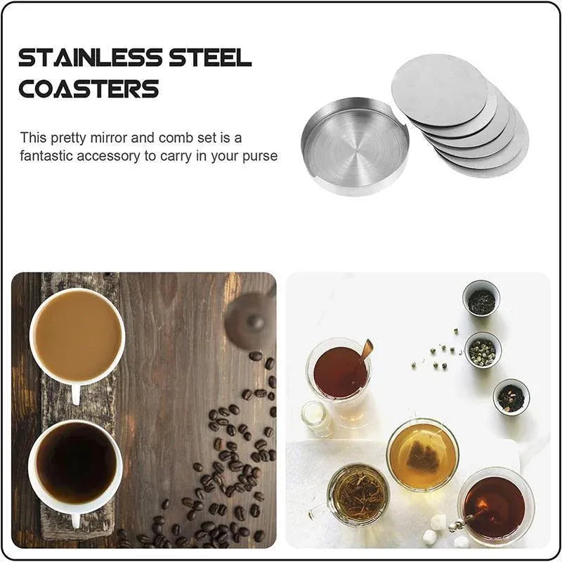 Stainless Steel Drink Coasters with Holder, Set of 6