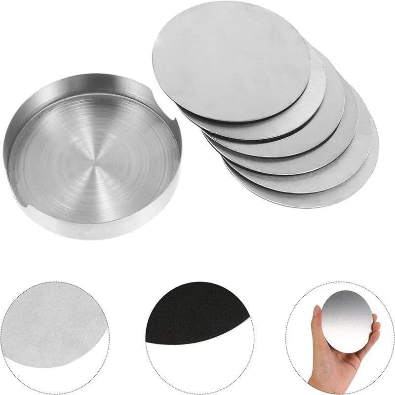 Stainless Steel Drink Coasters with Holder, Set of 6