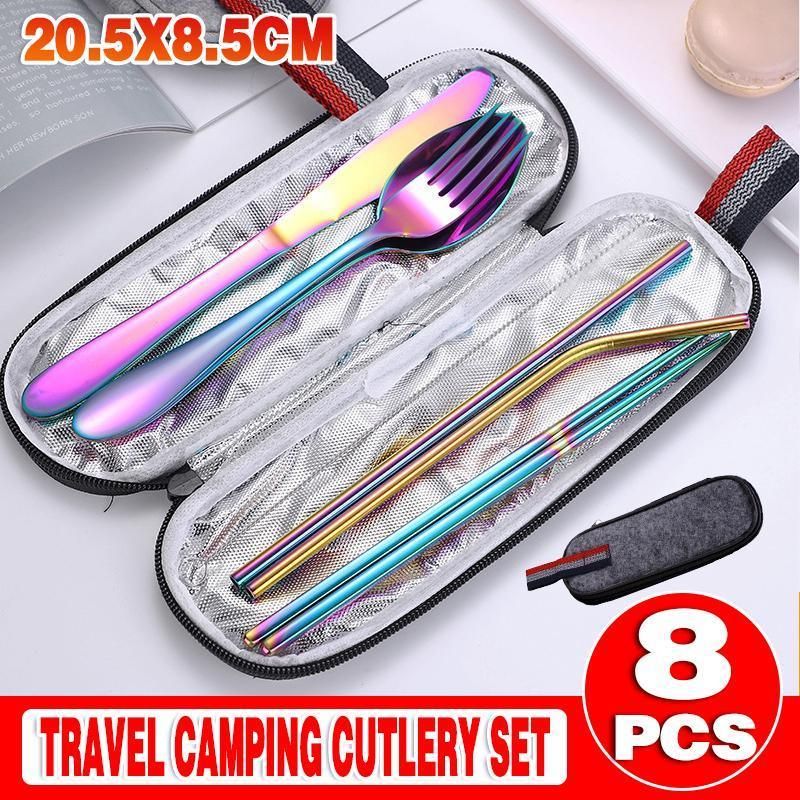 Portable Stainless Steel Travel Cutlery Set with Case, 8 Pieces