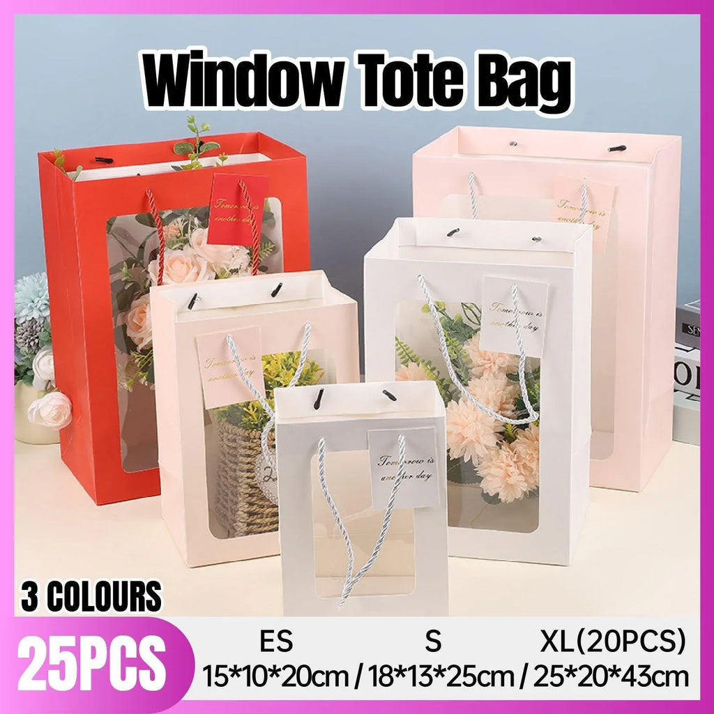 Red Paper Gift Bags with Clear Window, 25 Pack, 18 x 13 x 25 cm