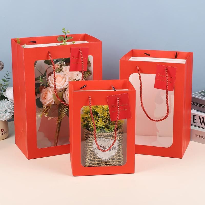 Red Paper Gift Bags with Clear Window, 25 Pack, 18 x 13 x 25 cm