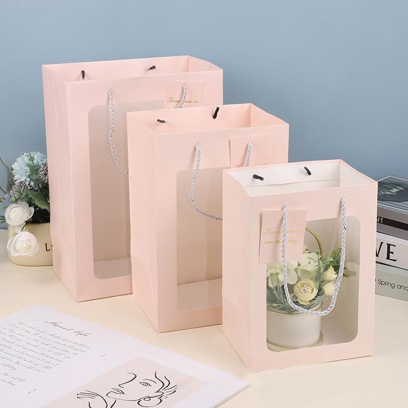 Red Paper Gift Bags with Clear Window, 25 Pack, 18 x 13 x 25 cm