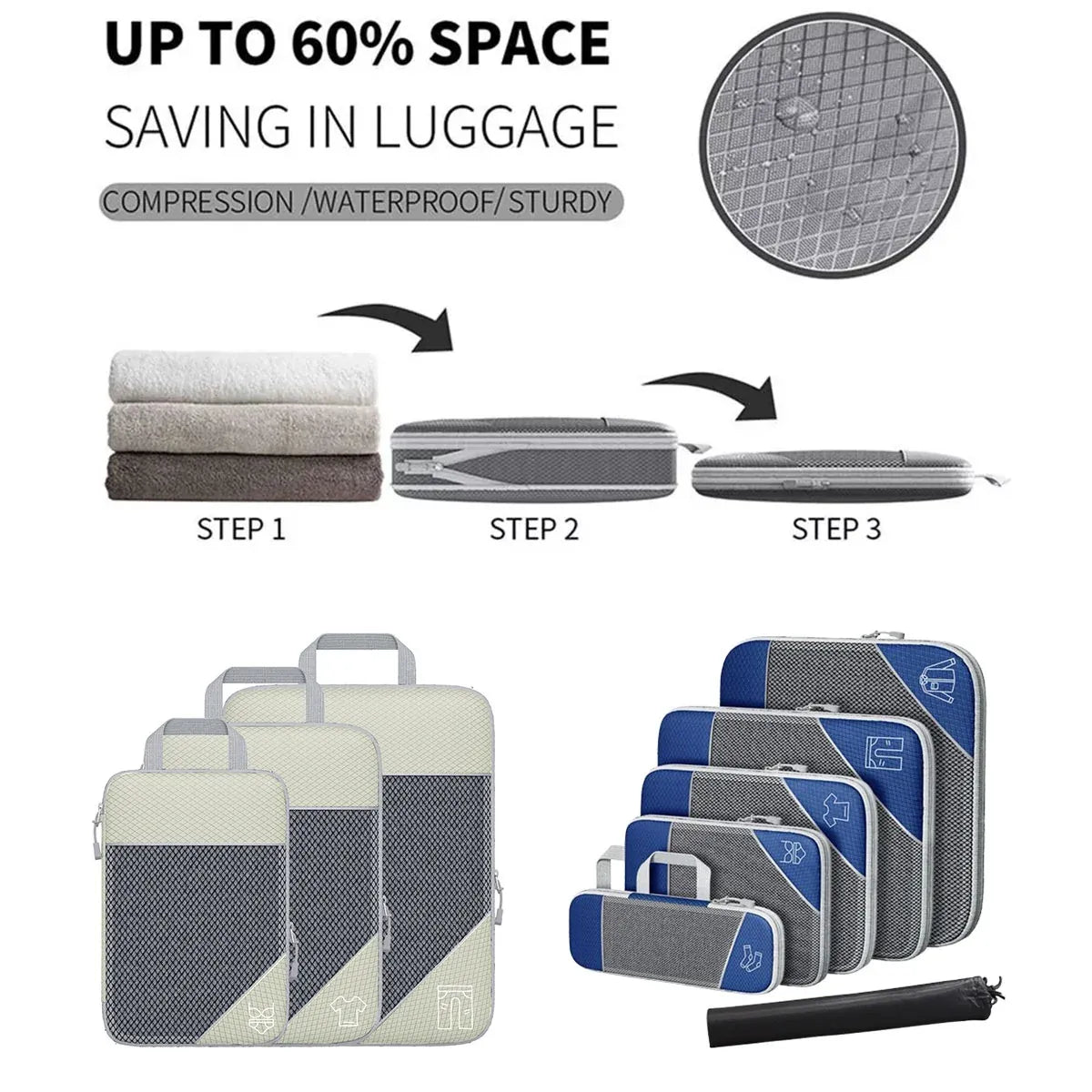 6PCS Compression Packing Cubes Expandable Luggage Storage Bag