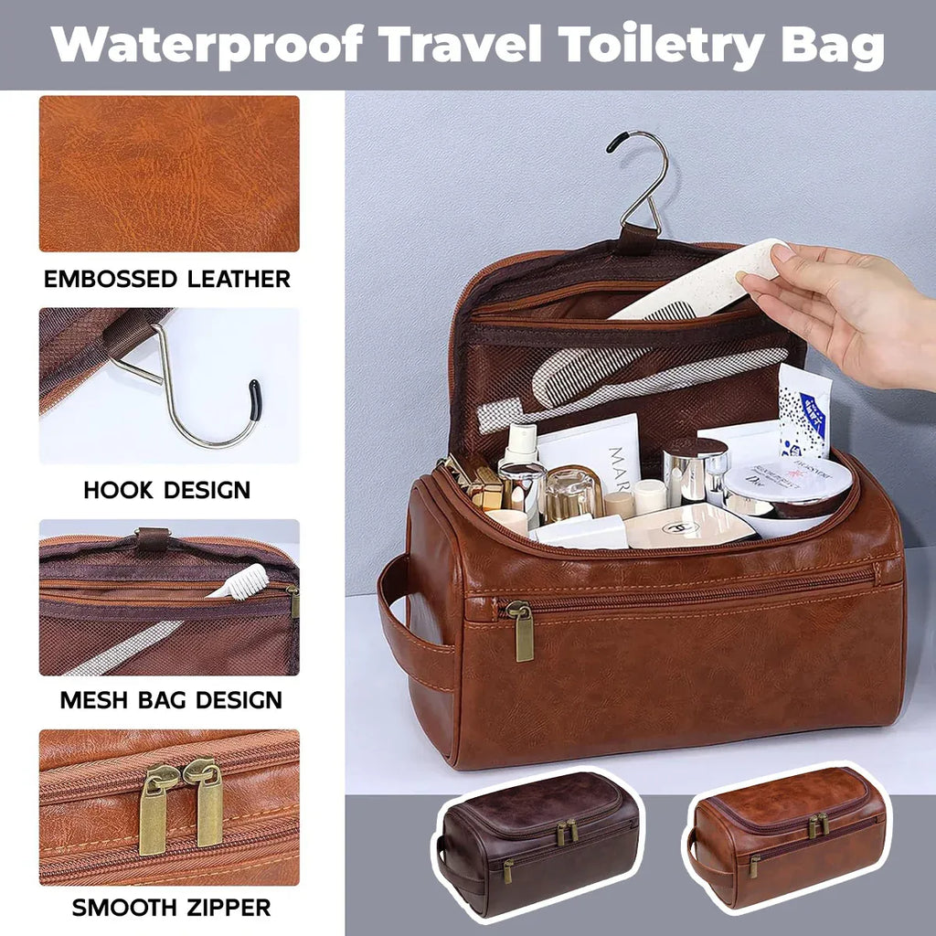Large PU Leather Toiletry Bag with Double Zip, Red Brown