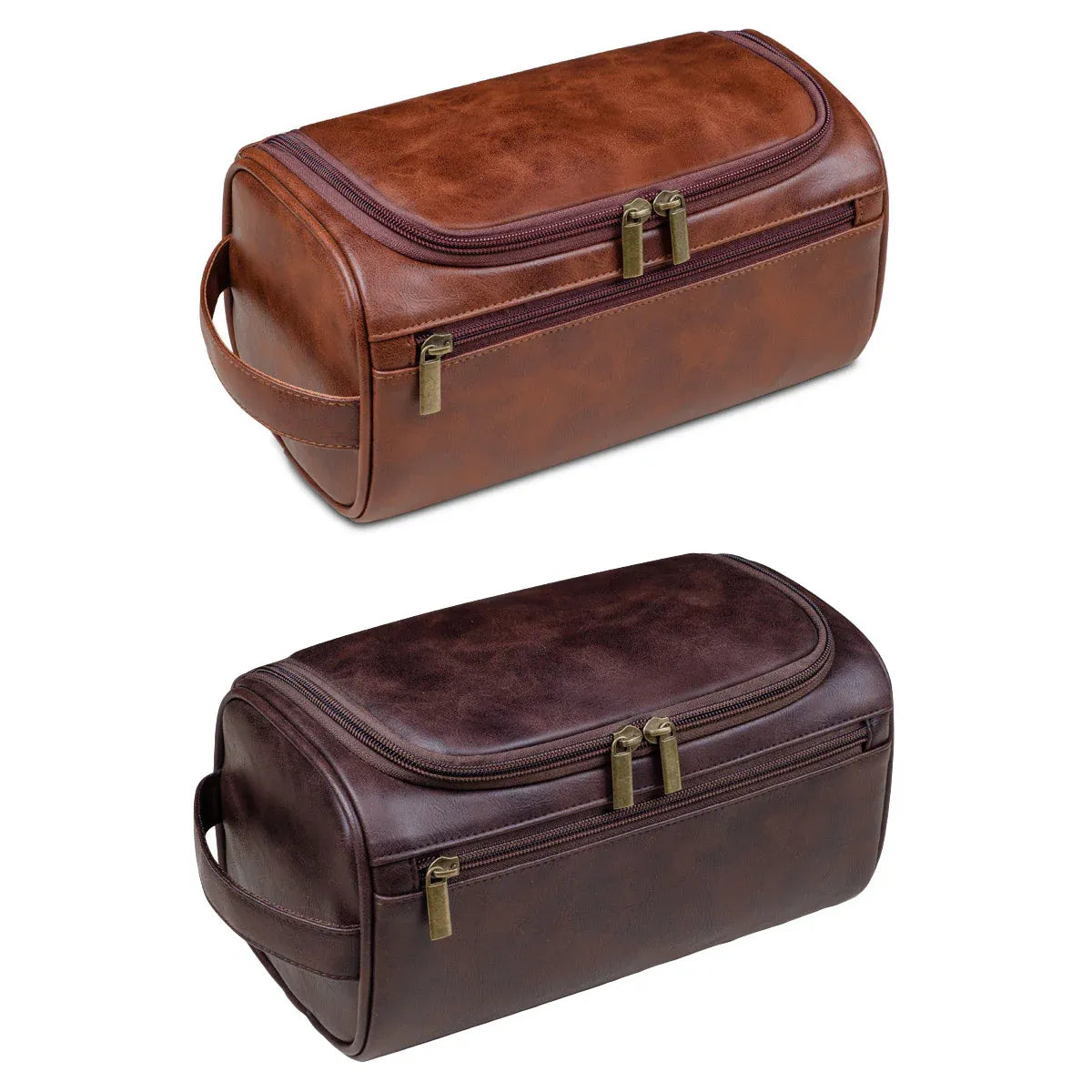 Large PU Leather Toiletry Bag with Double Zip, Red Brown