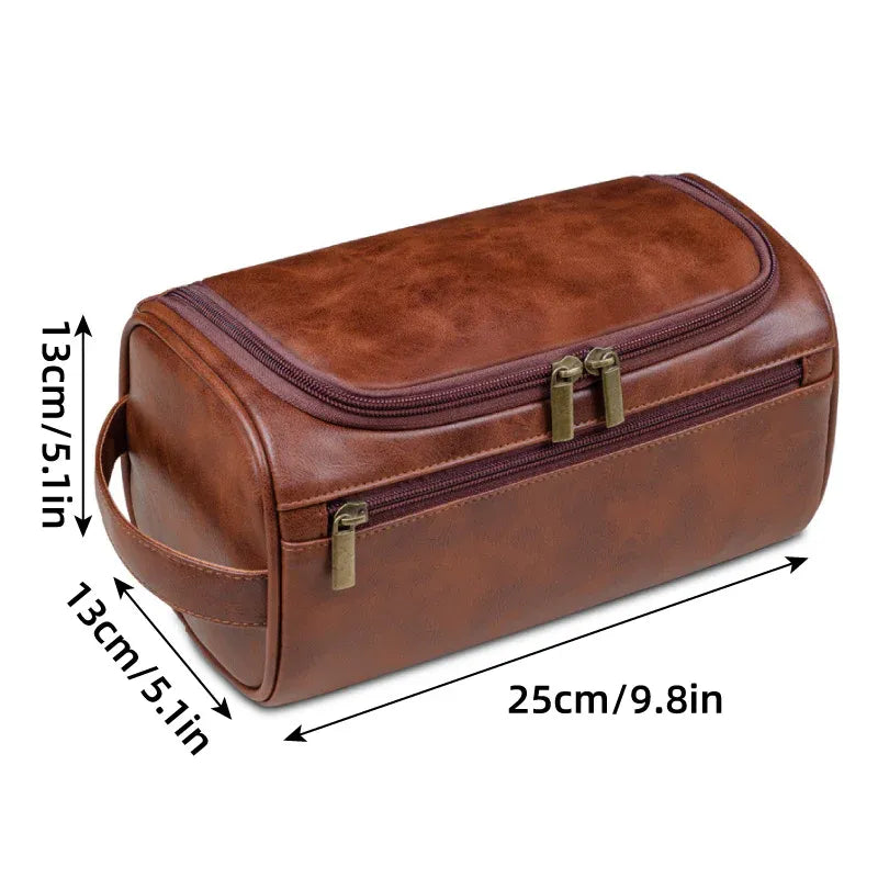 Large PU Leather Toiletry Bag with Double Zip, Red Brown