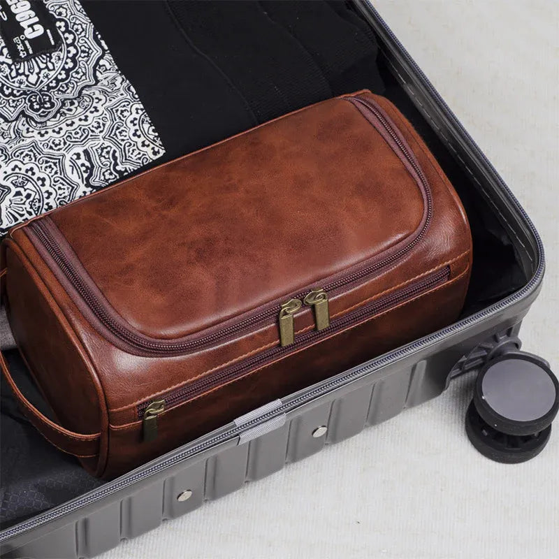 Large PU Leather Toiletry Bag with Double Zip, Red Brown