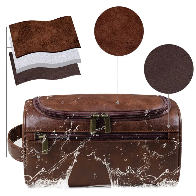 Large PU Leather Toiletry Bag with Double Zip, Red Brown