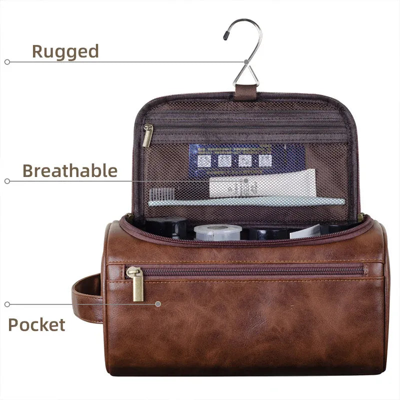 Large PU Leather Toiletry Bag with Double Zip, Red Brown