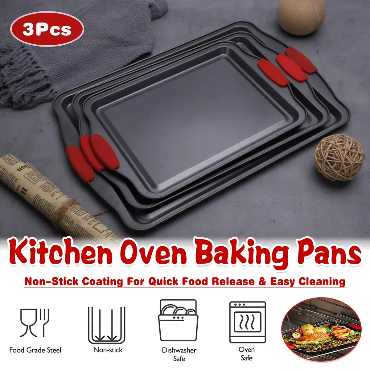Non-Stick Carbon Steel Baking Trays with Handles, Set of 3