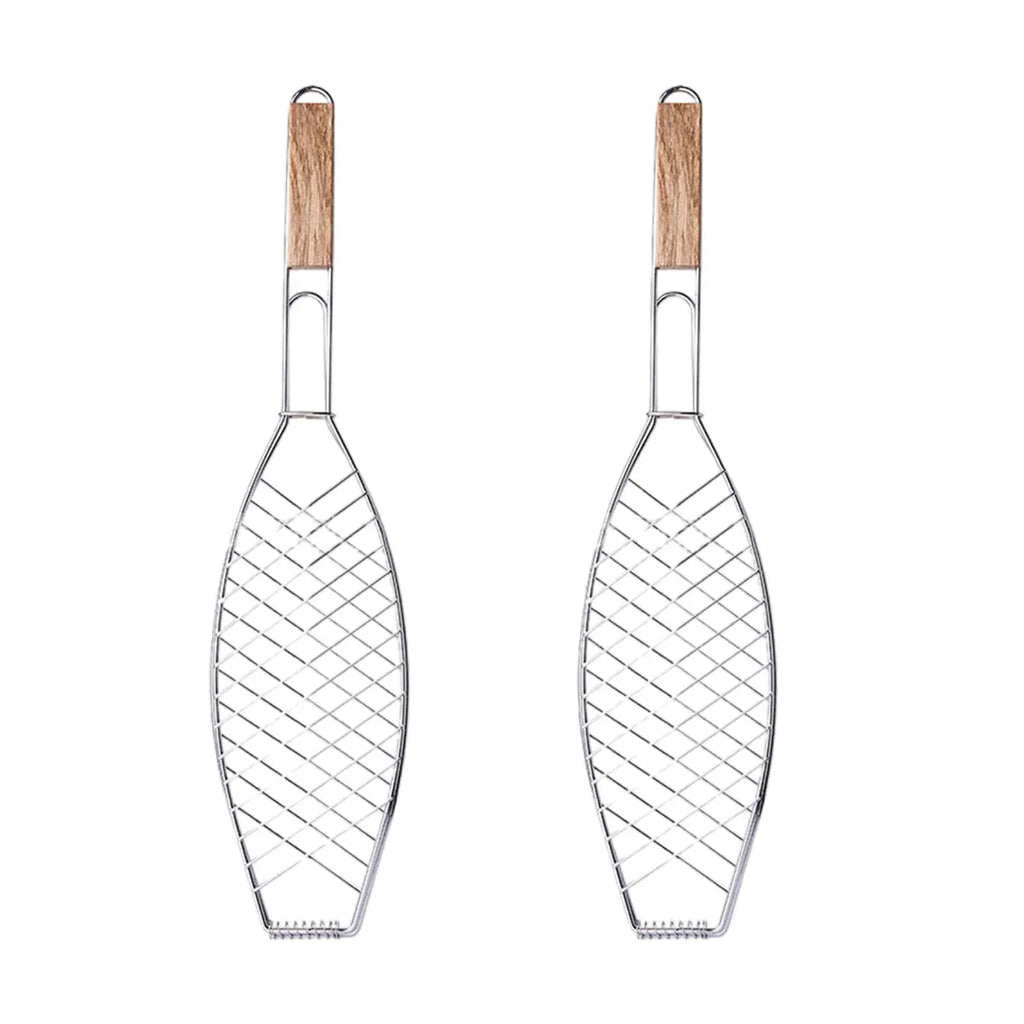 Barbecue Net Clamp Iron Wire Mesh with Wooden Handle for Camping