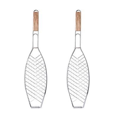 Barbecue Net Clamp Iron Wire Mesh with Wooden Handle for Camping Grill