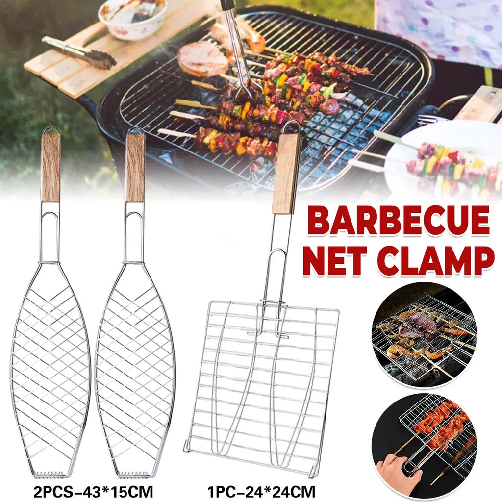 Barbecue Net Clamp Iron Wire Mesh with Wooden Handle for Camping
