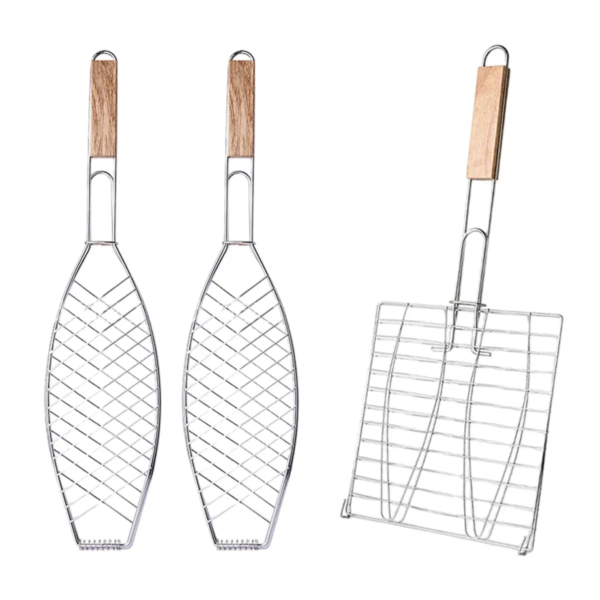 Barbecue Net Clamp Iron Wire Mesh with Wooden Handle for Camping