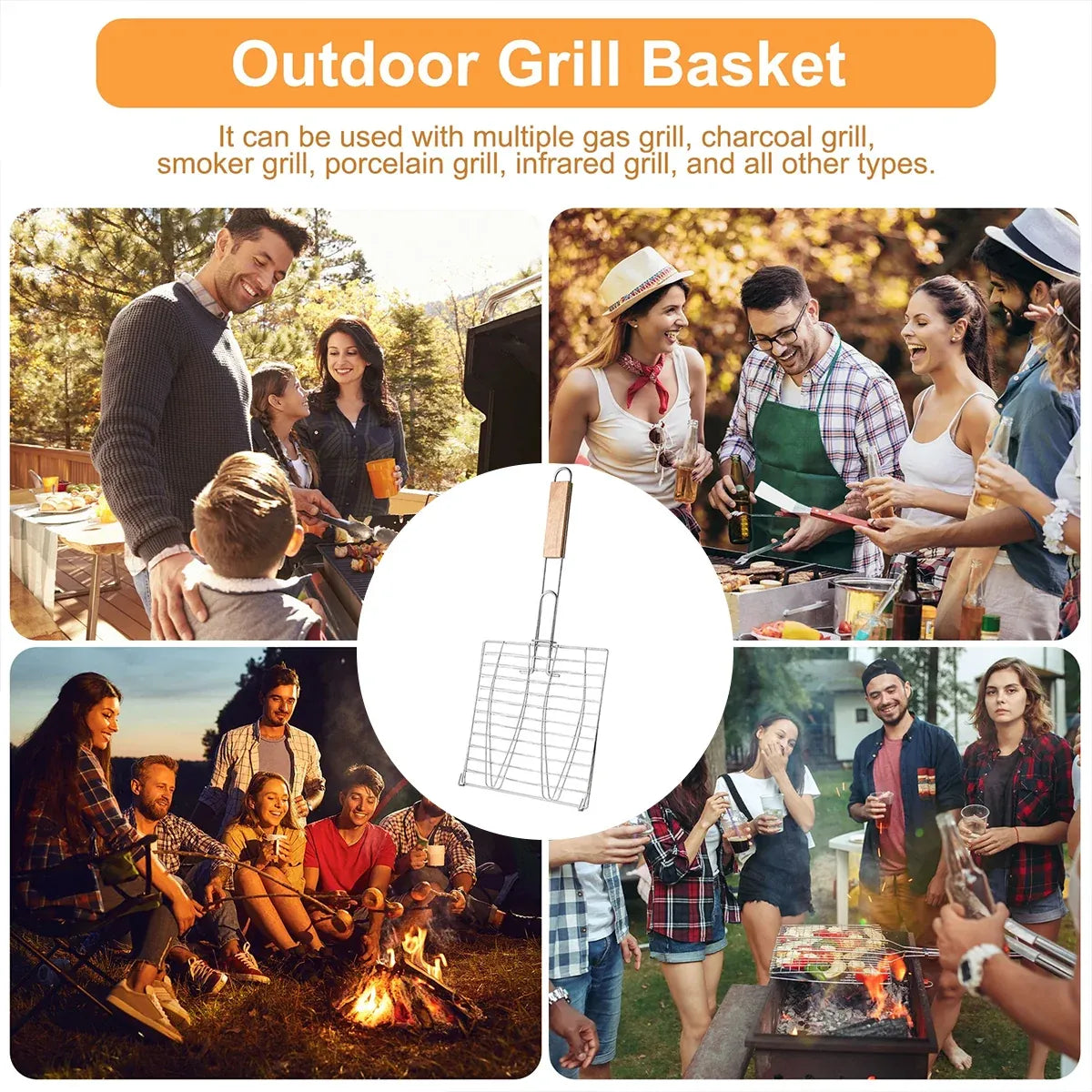 Barbecue Net Clamp Iron Wire Mesh with Wooden Handle for Camping