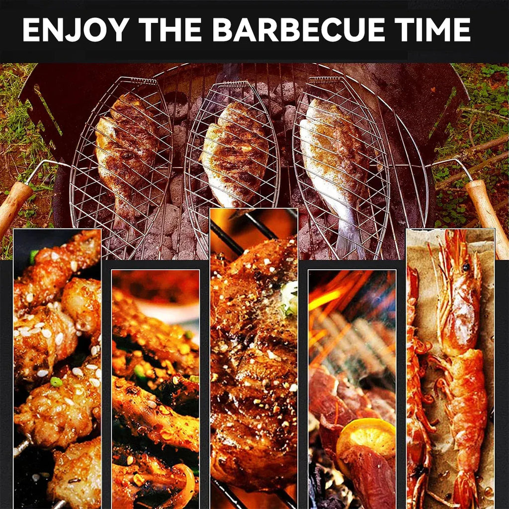 Barbecue Net Clamp Iron Wire Mesh with Wooden Handle for Camping