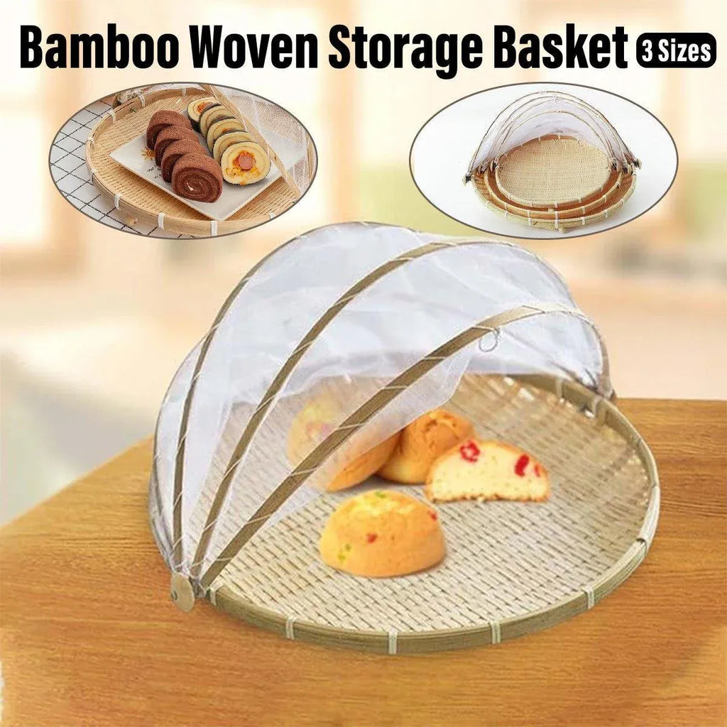 Bamboo Storage Basket with Mesh Cover for Fruit Vegetables Food Buns