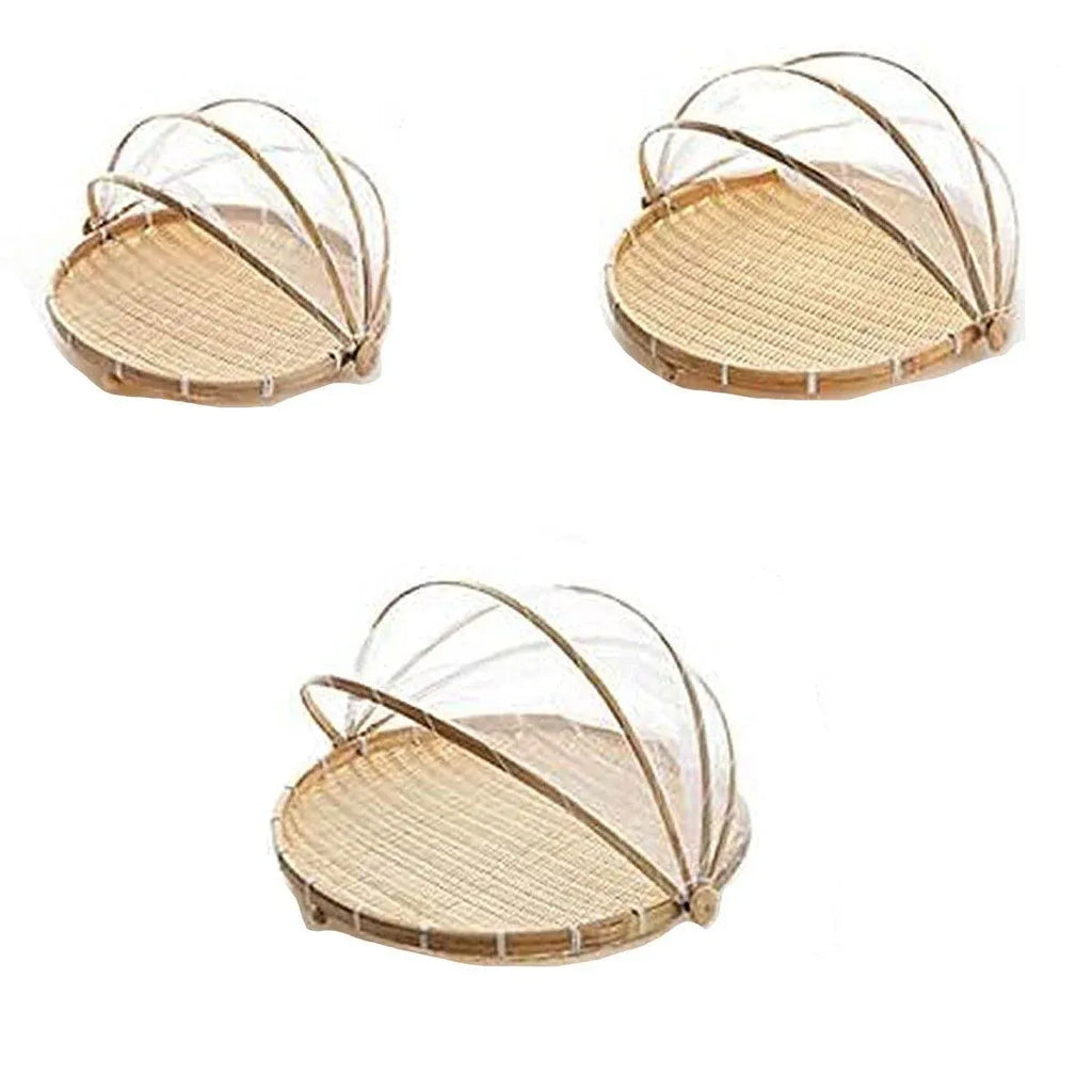 Bamboo Storage Basket with Mesh Cover for Fruit Vegetables Food Buns