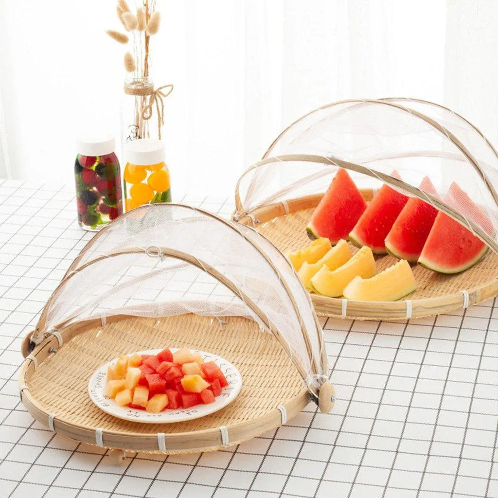 Bamboo Storage Basket with Mesh Cover for Fruit Vegetables Food Buns