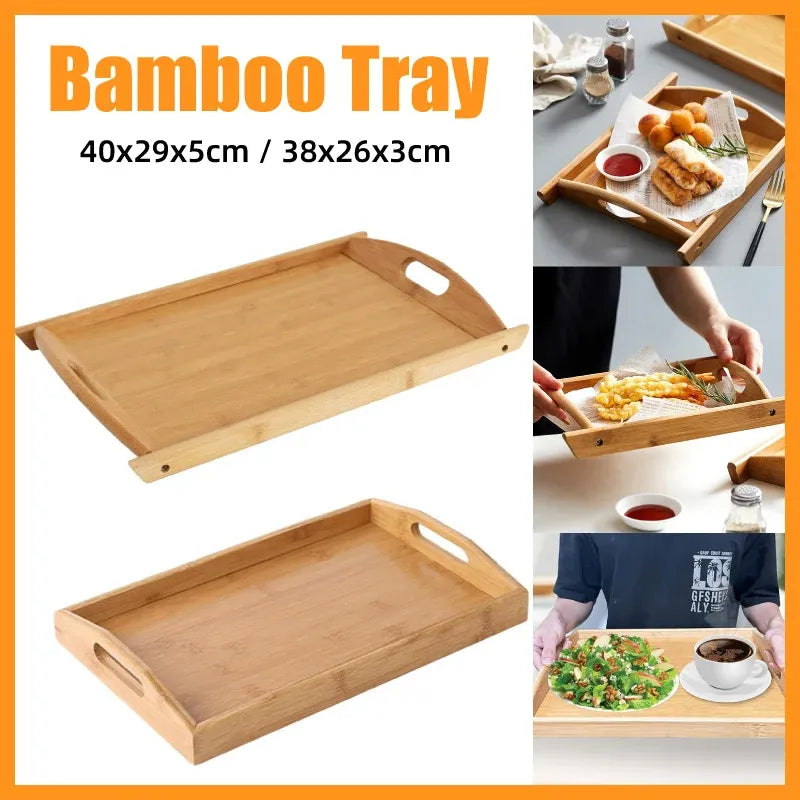 Rectangular Bamboo Serving Tray with Handles, 38 x 26 cm