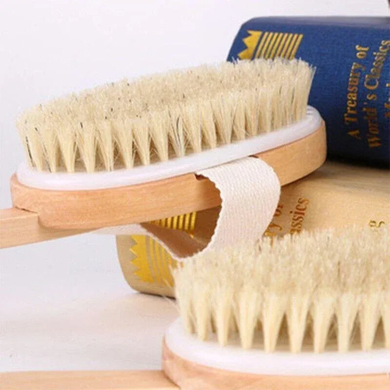 Long Handle Wooden Back Brush with Natural Bristles, 41 cm