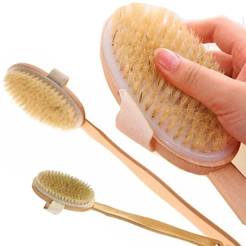 Long Handle Wooden Back Brush with Natural Bristles, 41 cm