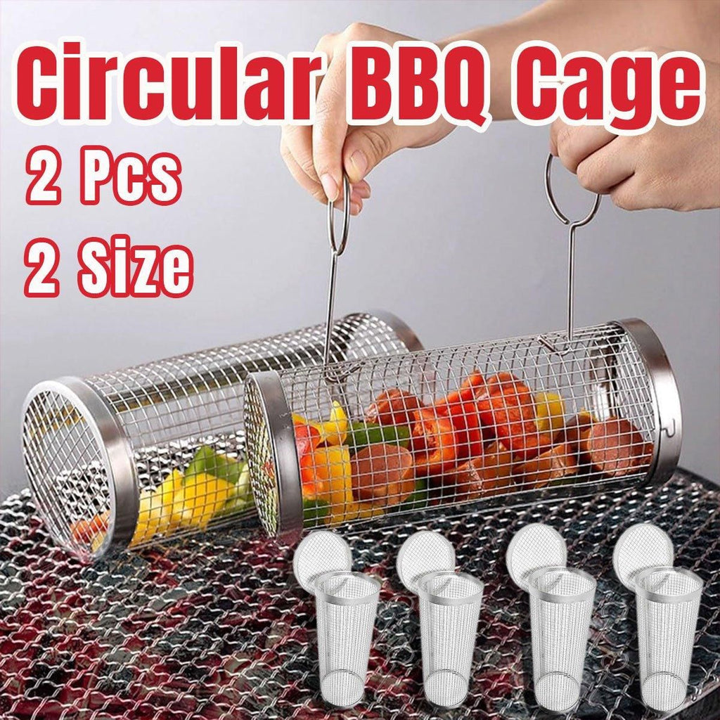 2pcs BBQ Basket Round Grill Cage Portable Rotating Net for Outdoor
