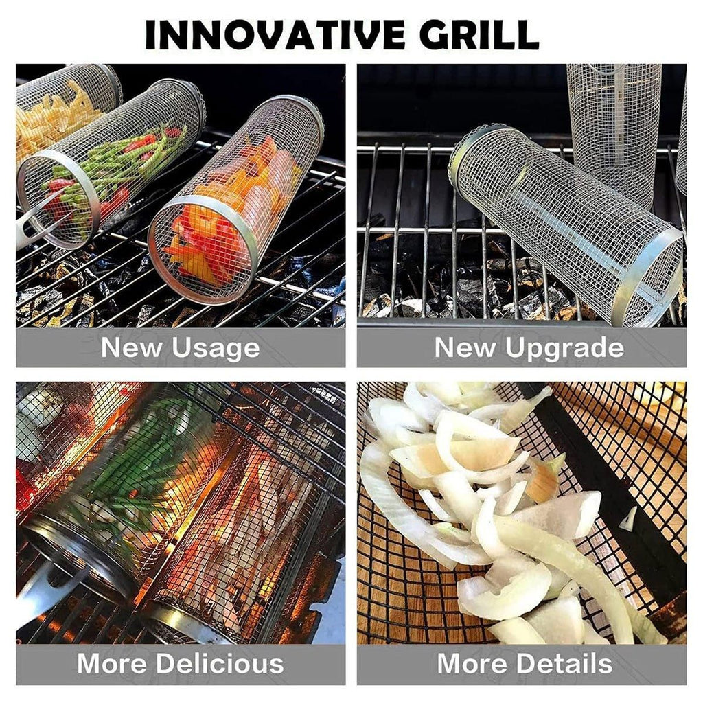 2pcs BBQ Basket Round Grill Cage Portable Rotating Net for Outdoor
