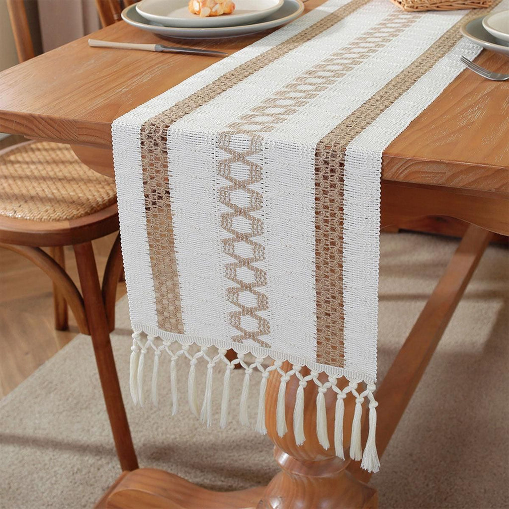 Cotton Linen Table Runner with Knot Tassels, 183 x 30 cm