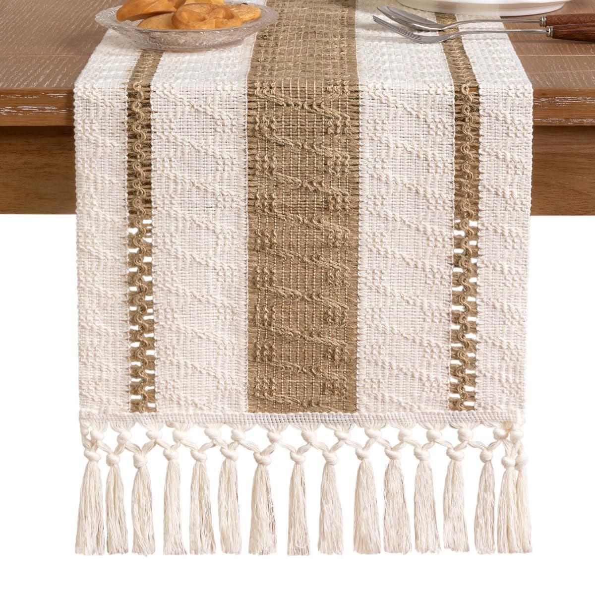 Cotton Linen Table Runner with Knot Tassels, 183 x 30 cm