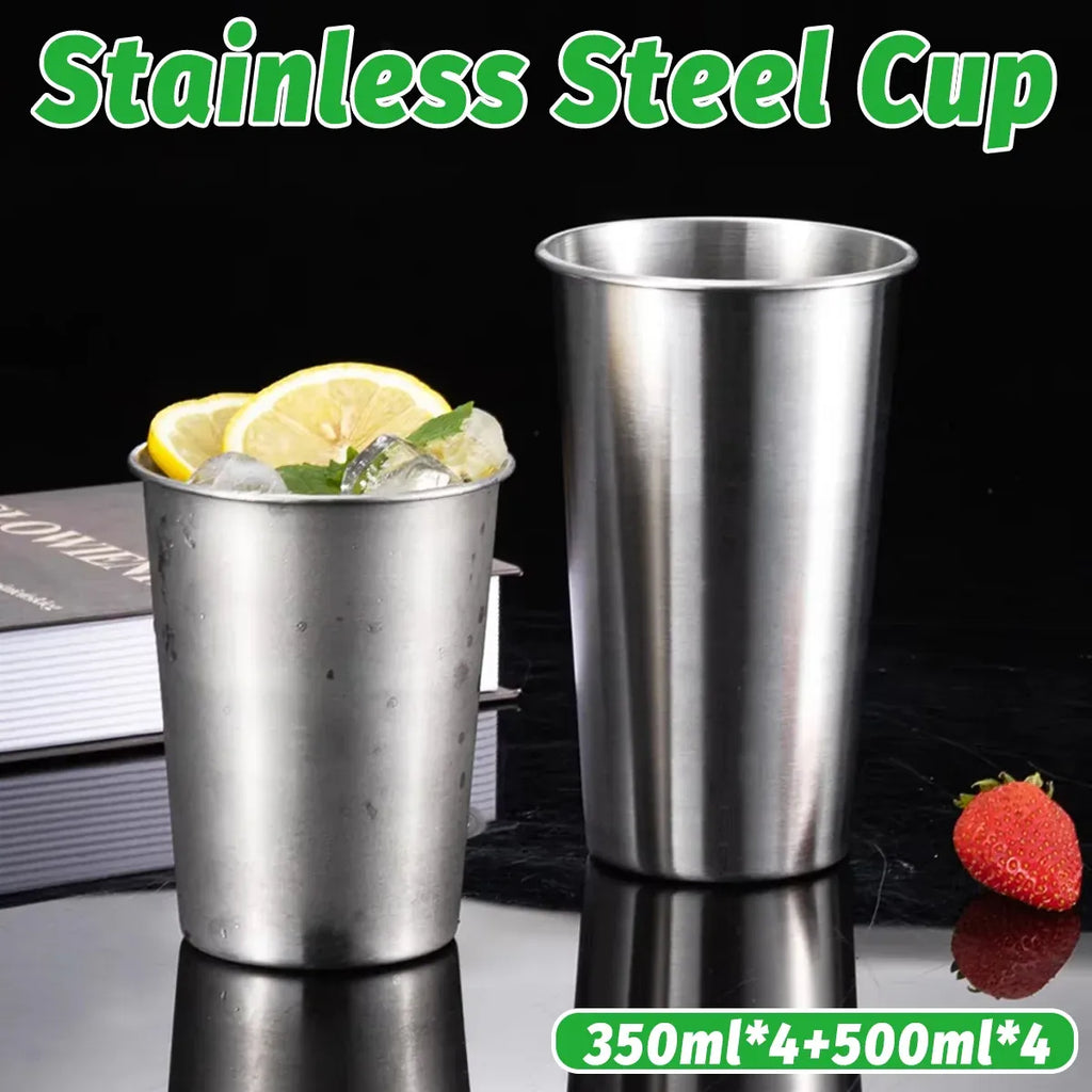 Stainless Steel Cups, Set of 8 (4 x 350 ml and 4 x 500 ml)