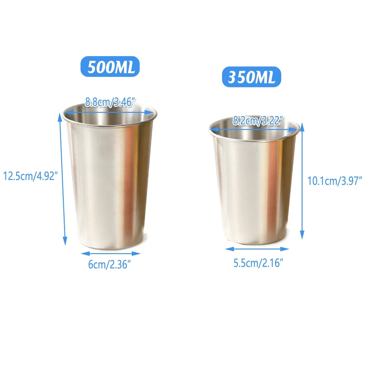Stainless Steel Cups, Set of 8 (4 x 350 ml and 4 x 500 ml)