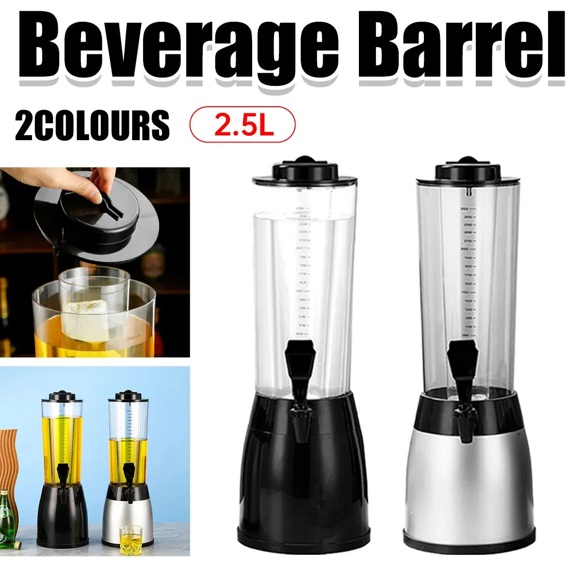Beer Tower Drink Dispenser with Tap, Silver, 2.5 L