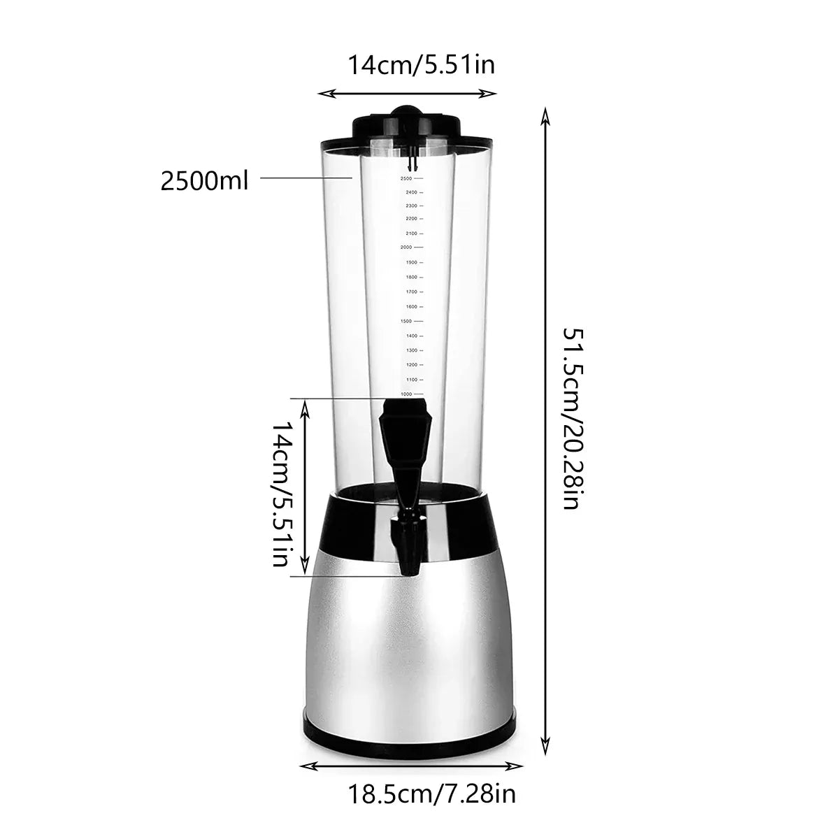 Beer Tower Drink Dispenser with Tap, Silver, 2.5 L