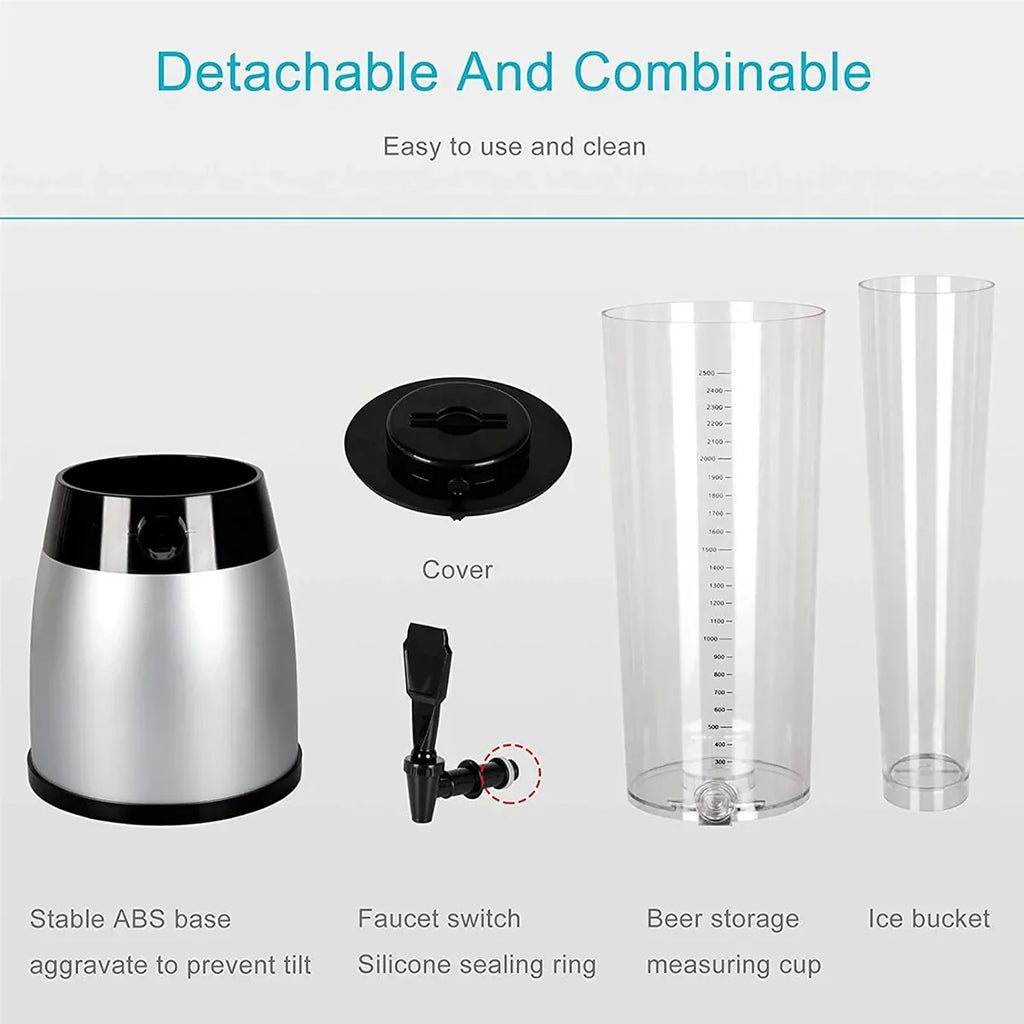 Beer Tower Drink Dispenser with Tap, Silver, 2.5 L