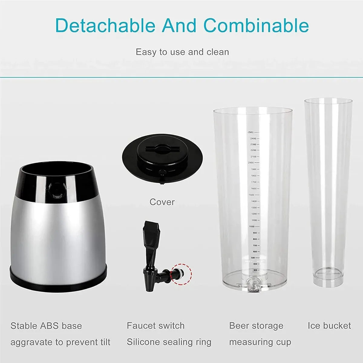 Beer Tower Drink Dispenser with Tap, Silver, 2.5 L