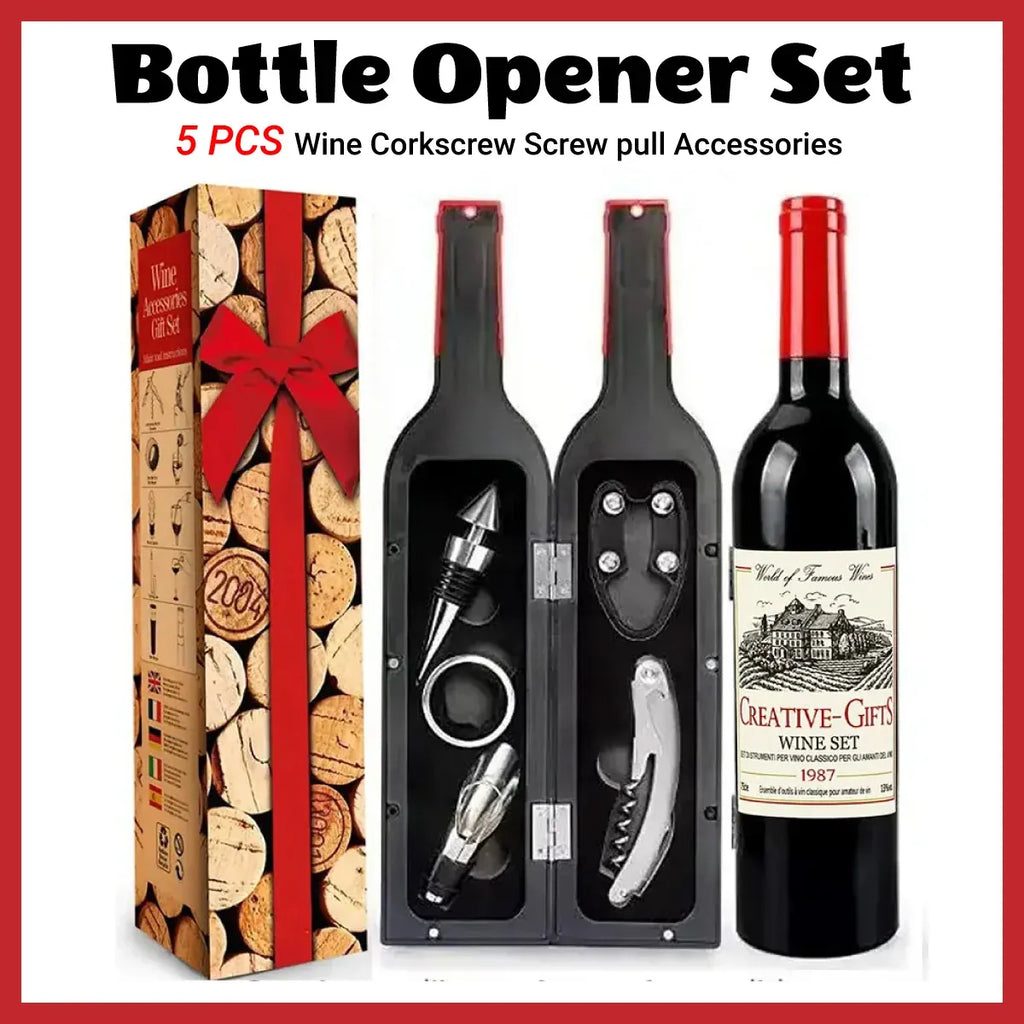 Wine Accessory Set in Bottle-Shaped Case, 5 Pieces
