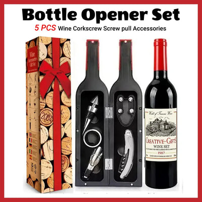 Wine Accessory Set in Bottle-Shaped Case, 5 Pieces