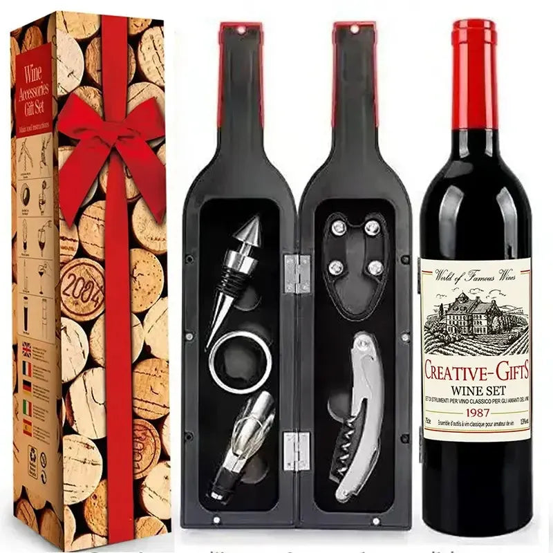 Wine Accessory Set in Bottle-Shaped Case, 5 Pieces