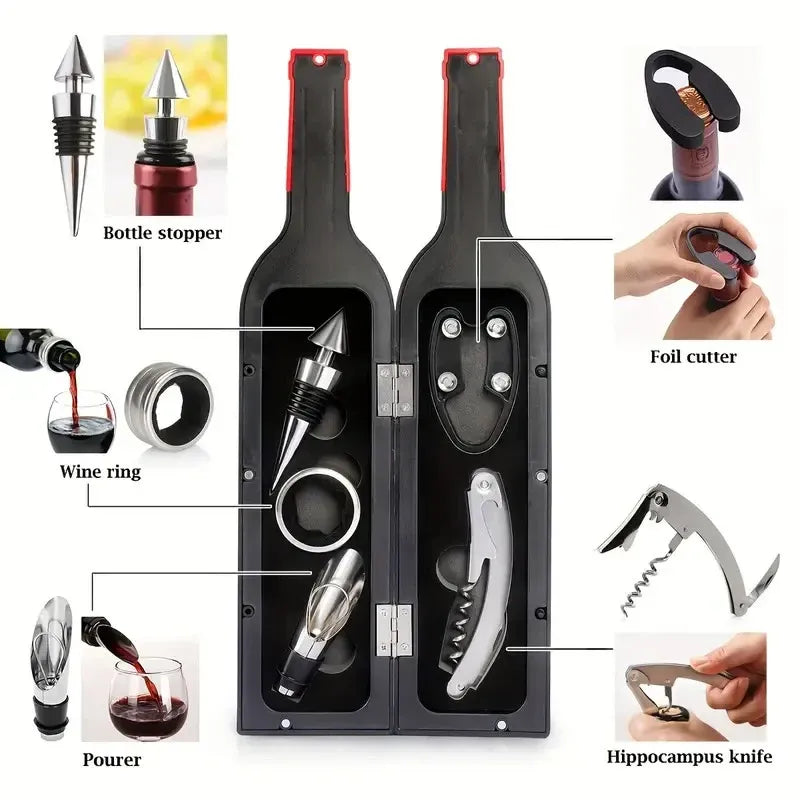 Wine Accessory Set in Bottle-Shaped Case, 5 Pieces
