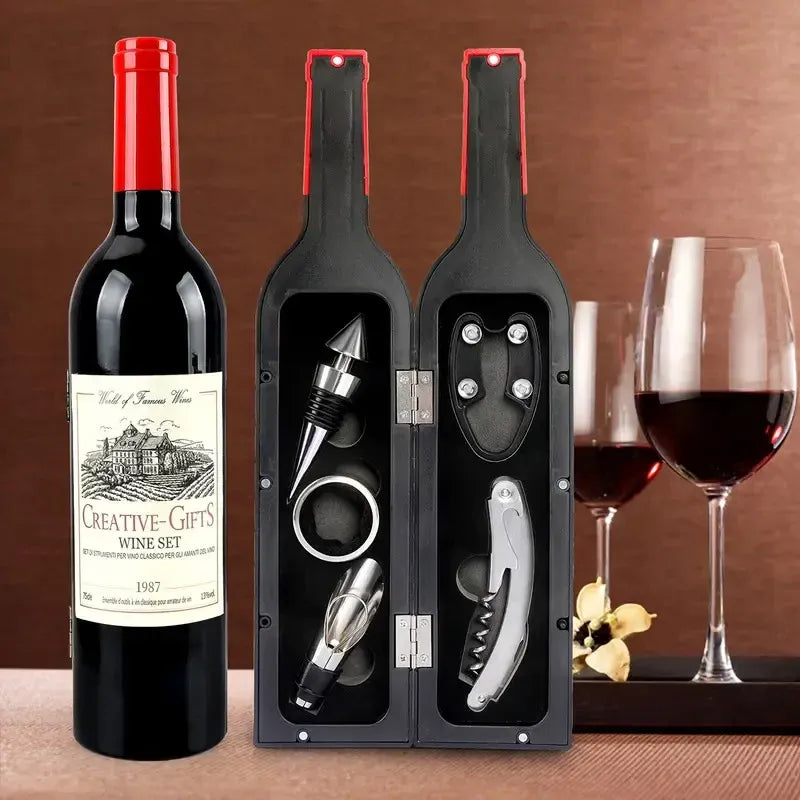 Wine Accessory Set in Bottle-Shaped Case, 5 Pieces