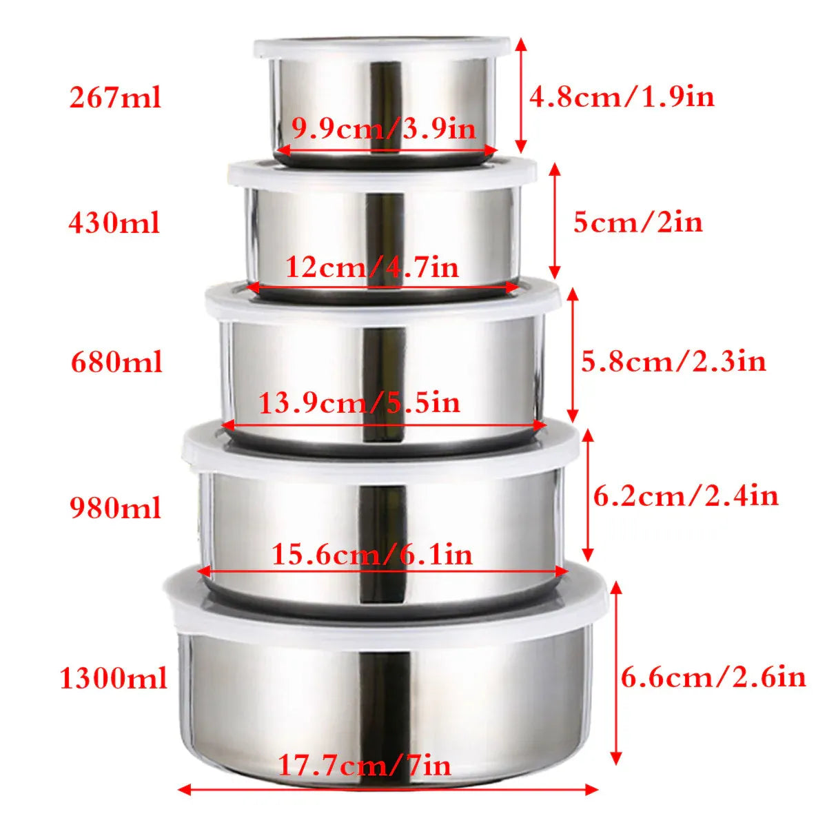 5PCS Food Storage Bowls Round Kitchen Containers with Lids for