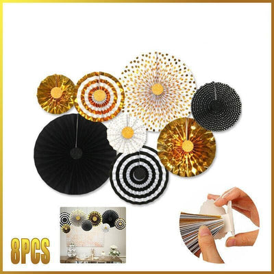 Aimall Black and Gold Hanging Paper Fans, 8 Piece