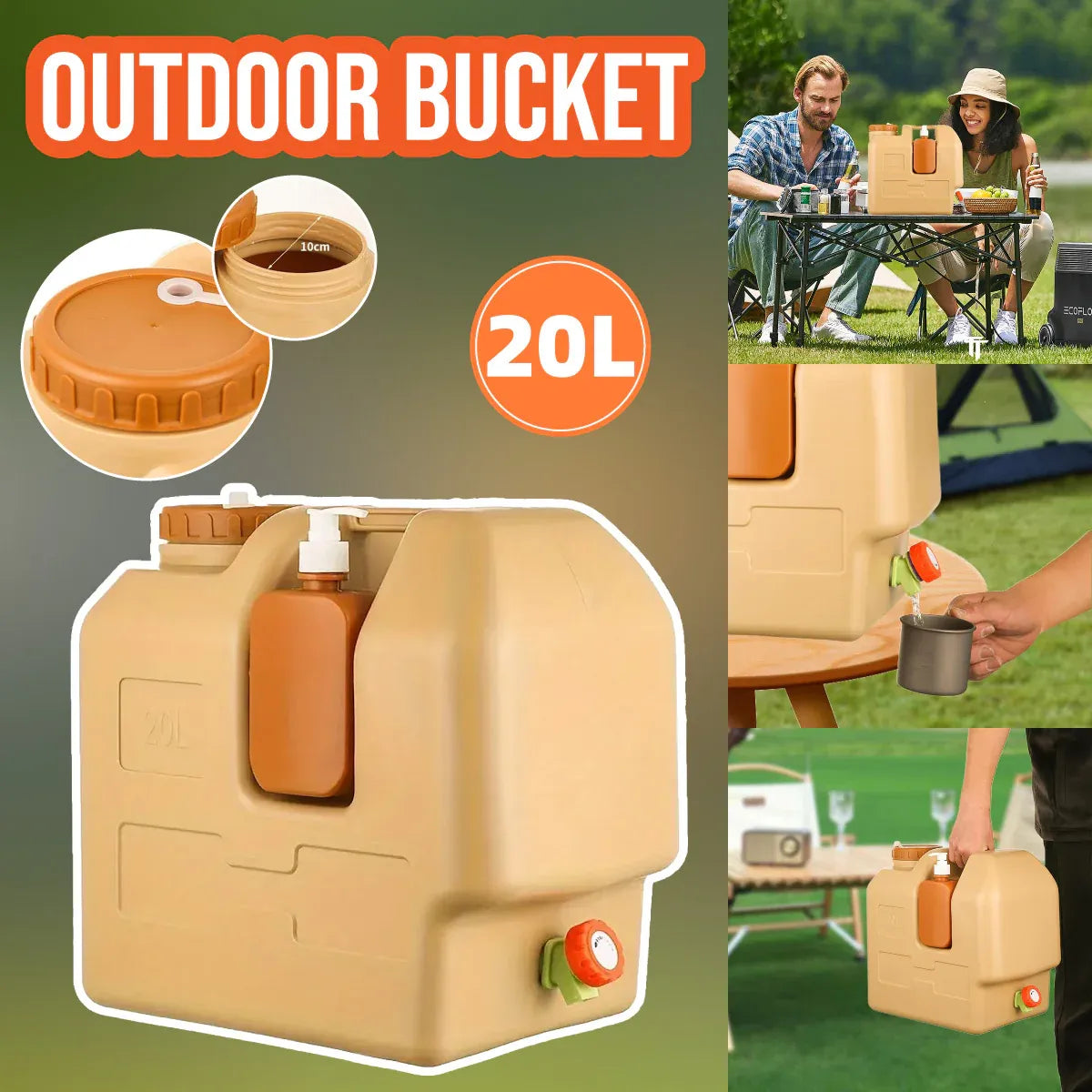 20L Outdoor Camping Portable Storage Bucket with Tap Drinking