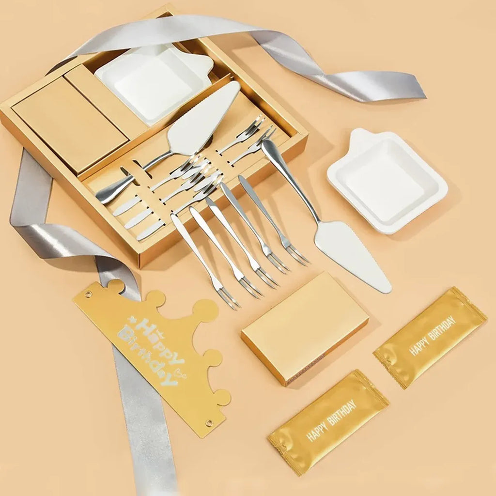 Stainless Steel Cake Knife Fork Plate Set With Candles For Party