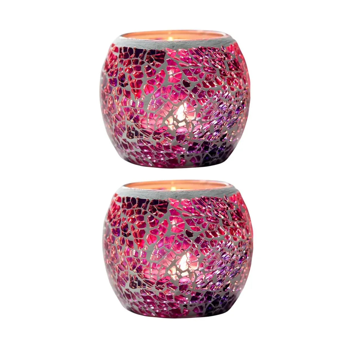 Glass Mosaic Candle Cups, Set of 2, 8.3 x 6.8 cm, Purple